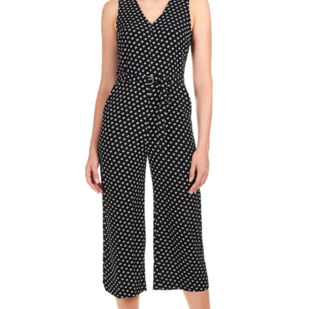 MICHAEL KORS Womens Black Dots Sleeveless V Neck Cropped Jumpsuit  Sz 10 NWOT